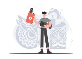 The guy holds an electronic cigarette in his hands. Flat style. The concept of vapor and vape. Vector illustration.