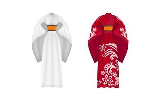 kimono largo de seda rojo y blanco, kimono de verano, ropa de casa de seda, batas de boda de dama de honor, bata natural. aislado. vector. vector