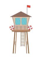 Wooden lifeguard house in flat design. Retro life guard tower isolated on white background. Baywatch hut or observation tower vector illustration.