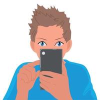 The guy is talking on a video link or taking a photo on the phone. Vector, white background vector