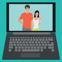 Video call on laptop. Communication of people. Vector illustration.