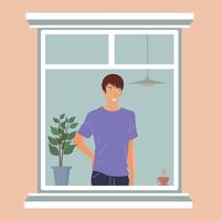 The guy is standing near the window. Smile and good mood. Vector, flat. vector