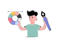 The guy holds a seam circle and a feather in his hands. Designer concept. Isolated on white background. Trendy flat vector style.