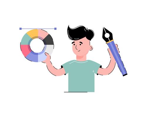 The guy holds a seam circle and a feather in his hands. Designer concept. Isolated on white background. Trendy flat style.
