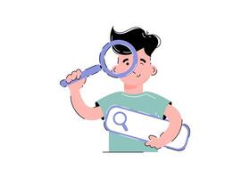 The guy is holding a magnifying glass. Search concept. Isolated on white background. Trendy flat vector