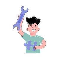 The guy holds a wrench and a puzzle in his hands. Support concept. Isolated on white background. Trendy flat vector style.