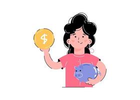 The girl holds a coin and a piggy bank in her hands. The concept of saving money. Isolated on white background. Trendy flat vector style.