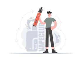 A man holds an electronic cigarette in his hands. Flat style. The concept of vapor and vape. Vector illustration.