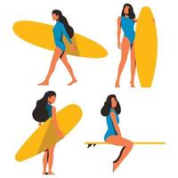 Collection of surfer girls with surfboards in summer vector