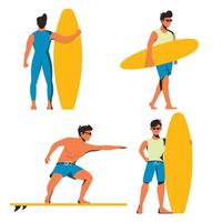 colección de chicos surfistas con tablas de surf en verano vector