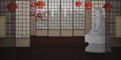 Ryokan An empty Zen room in a very Japanese style with a Buddha statue. Cartoon style. Vector illustration.