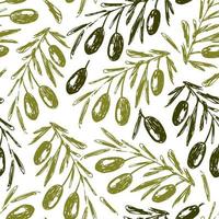 Hand-drawn vector seamless pattern. Green, dark olive branches on a white background. For prints of fabric, textile products, packaging, labels. Olive oil production. Seasonal harvest.