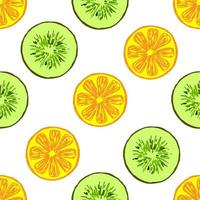 Simple fresh colored vector seamless pattern. Round slices of kiwi, orange on a white background. For fabric prints, packaging, kitchen textiles, lemonade.