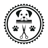 emblem animal grooming dog head with comb and scissors in a circle vector