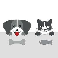 silhouette of a dog and a cat near the table look at the bone and fish vector