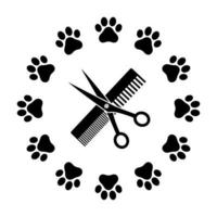 peine de corte de pelo animal con logo y tijera en un círculo vector