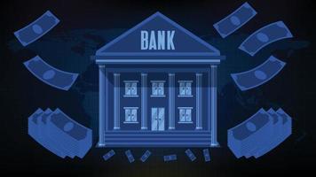 fondo azul abstracto del edificio del banco y montón de dinero en efectivo con mapa mundial vector