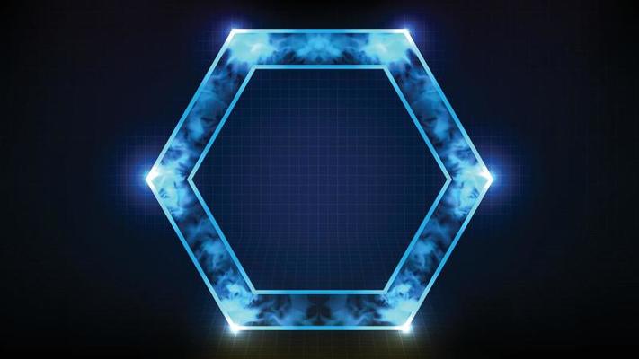 abstract futuristic background of technology neon hexagon frame with smoke