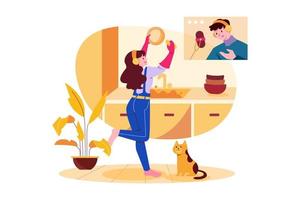 Woman listening to the podcast while washing dishes vector
