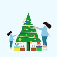 dos mujeres decorando el árbol de navidad en la temporada navideña, decoradas con cajas de regalo y hermosas bolas. vector