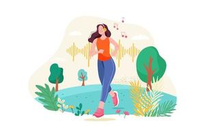 Woman listening to a podcast while jogging vector