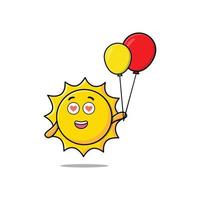 sol de dibujos animados lindo flotando con globo vector