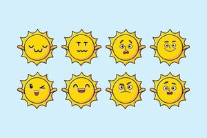 Establecer dibujos animados de sol kawaii con diferentes expresiones vector