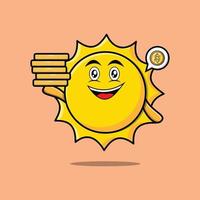 Cute cartoon sun holding in stacked gold coin vector