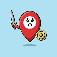Cute cartoon Pin location holding sword and shield vector