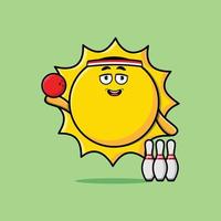 Cute cartoon sun character playing bowling vector