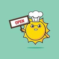Cute cartoon sun character holding open sign vector