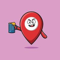 personaje de dibujos animados de ubicación de pin con vaso de cerveza vector