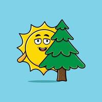 Cute cartoon Sun hiding tree in 3d modern design vector