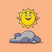 personaje de sol de dibujos animados lindo de pie en piedra vector