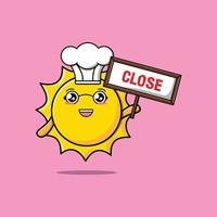 Cute cartoon sun chef character holding close sign vector