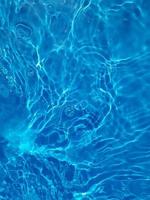 Defocus blurred transparent blue colored clear calm water surface texture with splashes and bubbles. Trendy abstract nature background. Water waves in sunlight. photo