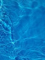 Defocus blurred transparent blue colored clear calm water surface texture with splashes and bubbles. Trendy abstract nature background. Water waves in sunlight. photo