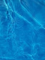 Defocus blurred transparent blue colored clear calm water surface texture with splashes and bubbles. Trendy abstract nature background. Water waves in sunlight. photo