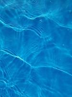 Defocus blurred transparent blue colored clear calm water surface texture with splashes and bubbles. Trendy abstract nature background. Water waves in sunlight. photo