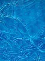 Defocus blurred transparent blue colored clear calm water surface texture with splashes and bubbles. Trendy abstract nature background. Water waves in sunlight. photo