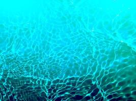 Defocus blurred transparent blue colored clear calm water surface texture with splashes and bubbles. Trendy abstract nature background. Water waves in sunlight. Blue water background. photo