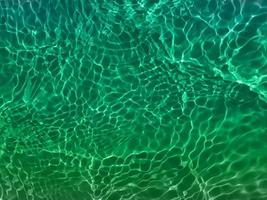 Defocus blurred transparent blue colored clear calm water surface texture with splashes and bubbles. Trendy abstract nature background. Water waves in sunlight. Blue water background. photo