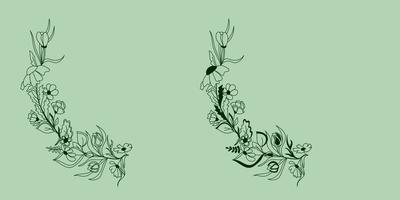 guirnalda de flores dibujada a mano, rama, ramita, hojas. elemento natural botánico a base de hierbas en corona de estilo garabato, coronilla, círculo de flores vector