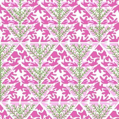 Seamless pattern with xmas tree. Pink triangles and twigs on the abstract tileable pattern. Vector illustration for textile or surface print