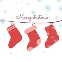 Christmas red socks hanging on the rail , Snow falling and Christmas greetings vector