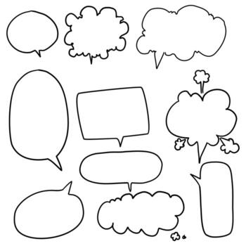 Set of white speech bubbles, empty bubbles with black borders, speaking and talk, communication and dialogue, vector illustrations.