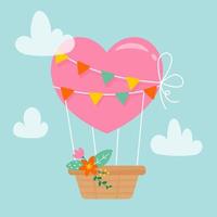 Illustration with a heart shaped balloon on a blue sky with white clouds. Holidays festivals and events. Poster for holiday decoration. Isolated vector illustration. Love in the air.