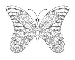 hermosa mariposa en estilo garabato. la ilustración dibujada a mano se puede utilizar para libros de colorear para niños o adultos y para tatuajes. imagen aislada en estilo zentangle, sobre un fondo blanco. vector