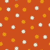 Abstract retro floral seamless pattern on red background. Colorful vector illustration. Groovy geometric flowers, hippie style. 60s, 70s