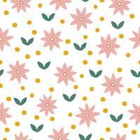 Abstract playful seamless patterns with vintage groovy daisy flowers. Retro floral vector background surface design, textile, stationery, wrapping paper, covers. 60s, 70s, 80s style